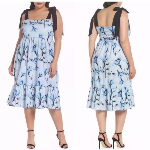 Lost Ink Blue & Black Floral Tie Shoulder Tiered A-Line Midid Dress Size 1X - Picture 1 of 17